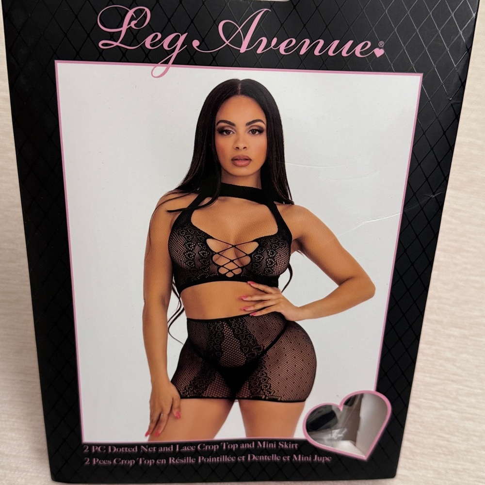 Leg Avenue Black Dotted Net Lace Crop Top & Lace-Up Mini Skirt Set